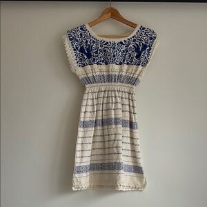 Handmade Mexican Bohemian Mini Dress Blue and Beige Patterned